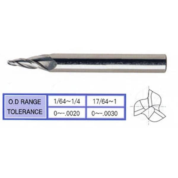 Yg-1 Tool 3 Flute Regular Length Ball Nose Tapered Tin Coated Carbide 88600TN - main